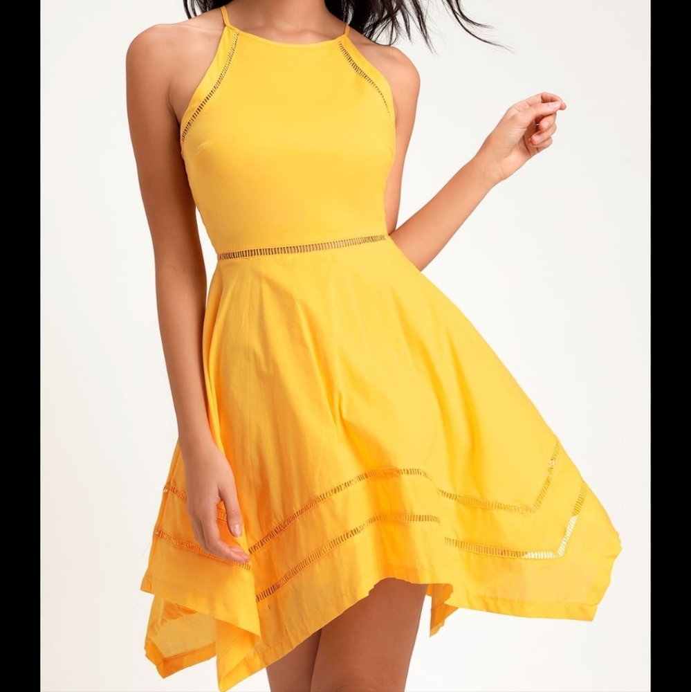 Canary Yellow Hankerchief Hem Fit Flare Dress